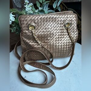 GANSON Purse Shoulder Bag Tote Woven Leather Metallic Gold Multi-Compartment